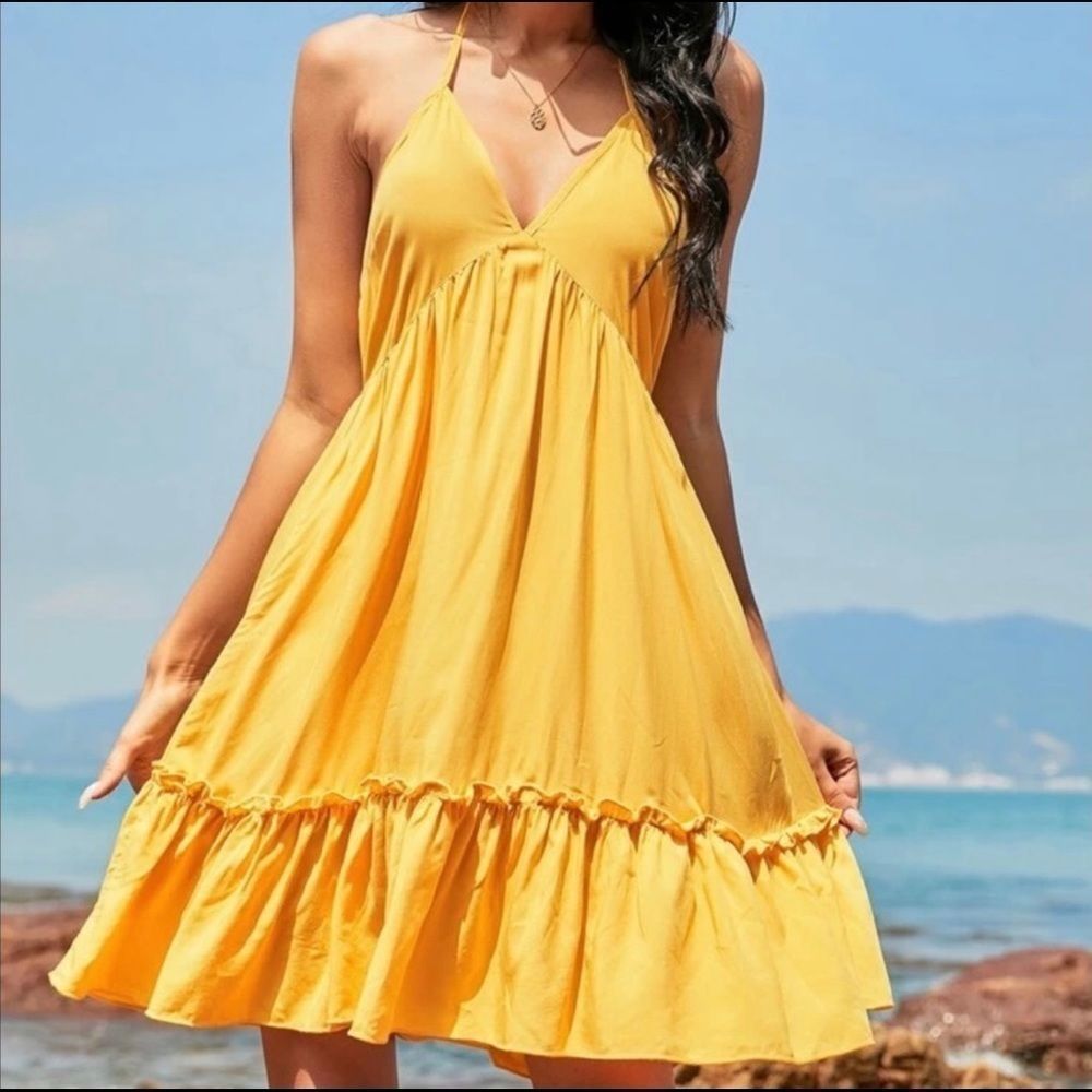 New! Bright Yellow Halter Open Back Ruffle Dress - Picture 4 of 6